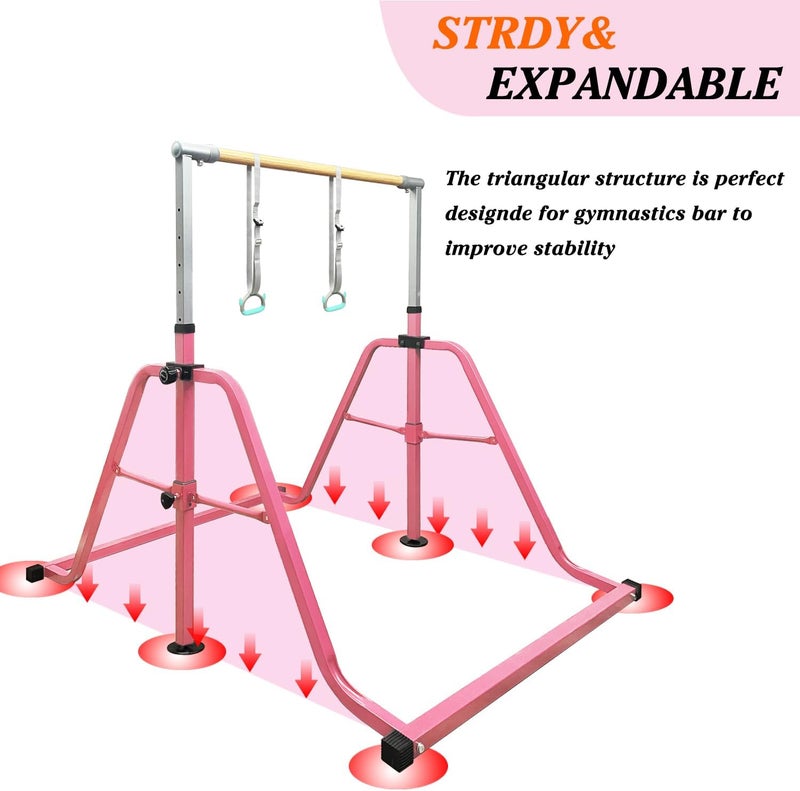 kechery Foldable & Moveable Gymnastics Horizontal Bar with Rings,3’to 5’Adjustable Height Expandable Junior Kip Bar for Home,Indoor Gym Equipment for Kids - Image 3